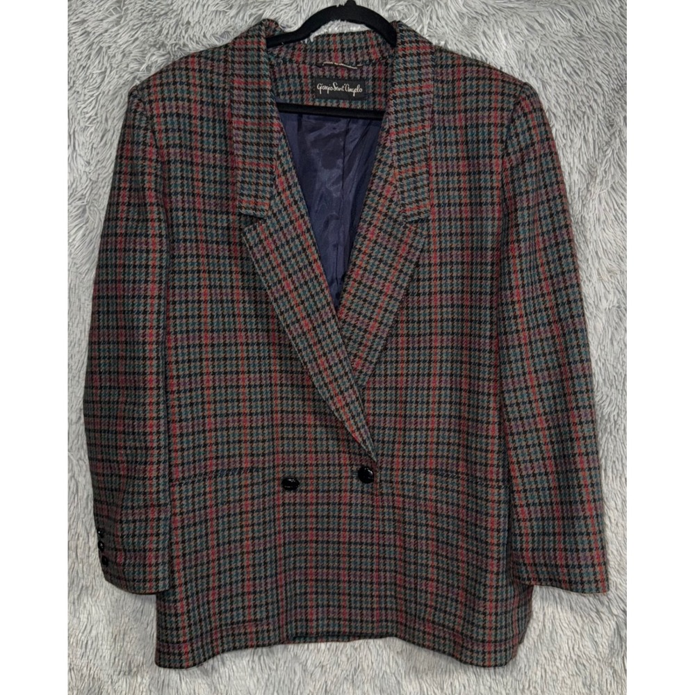 Giorgio Sant Angelo Blazer Plaid 100%  Wool Double‎ Breasted Jacket Size 16